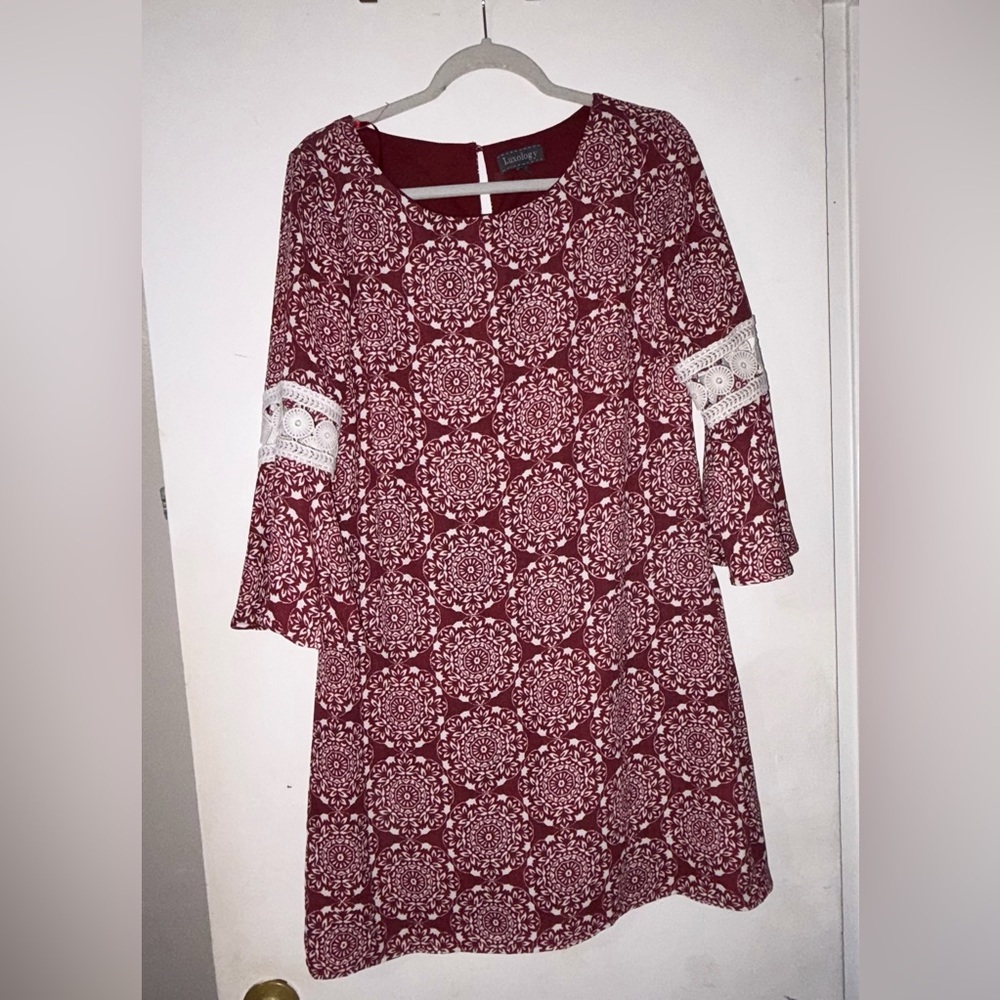 Luxology Burgundy Patterned Long Sleeve Dress